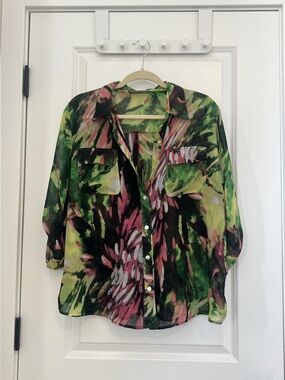 Sheer Floral Button-Down Shirt in Green and Pink